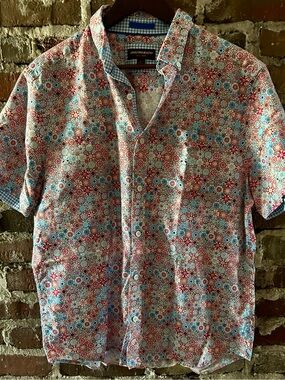 Johnston & Murphy Short-Sleeve Mosaic Print Button-Down — Red & Blue